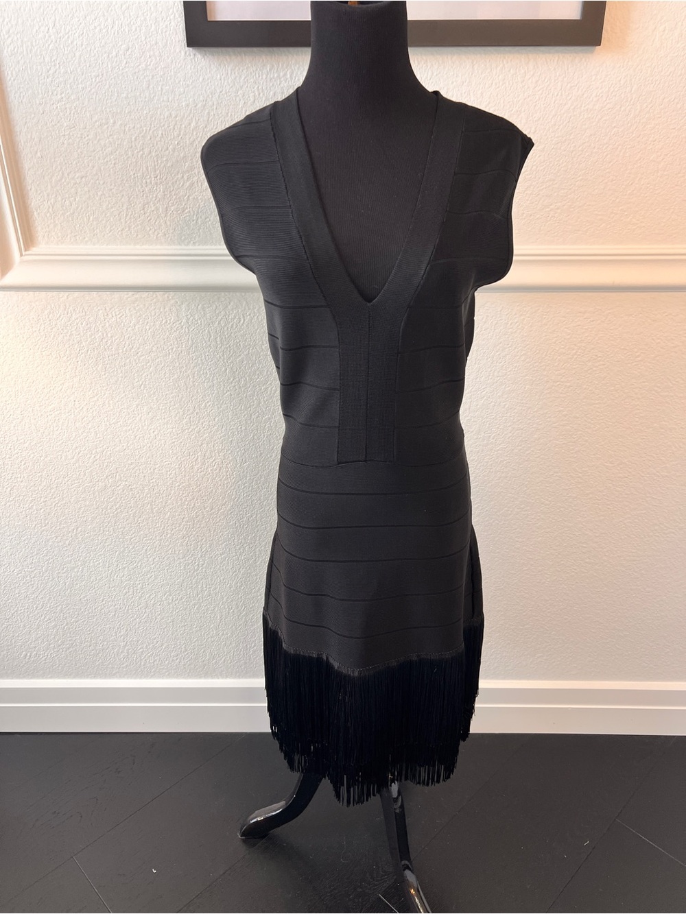 VENUS Black V-Neck Sleeveless Fringe Bandage Mini Dress